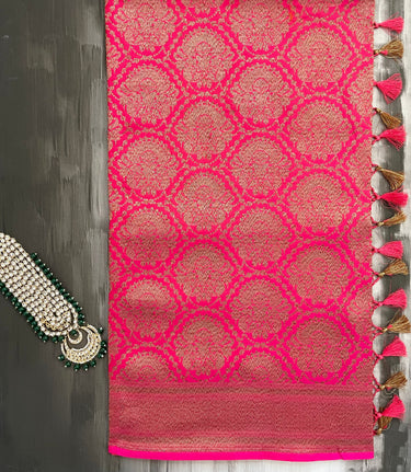 Banarasi Katan Silk Saree | Pink with Orange Cross Shade | Antique Zari | Handwoven | Silk Mark | Ships from California